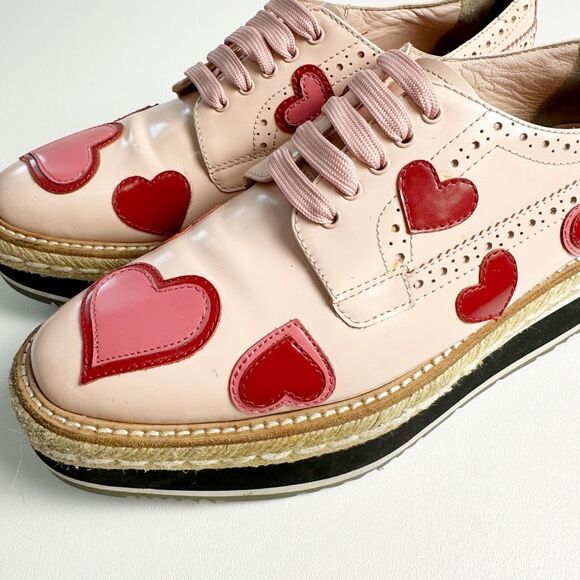 PRADA Pink Red Heart Leather Platform Loafers 39 US 8.5 Flats Lace Up Oxfords - Picture 13 of 13